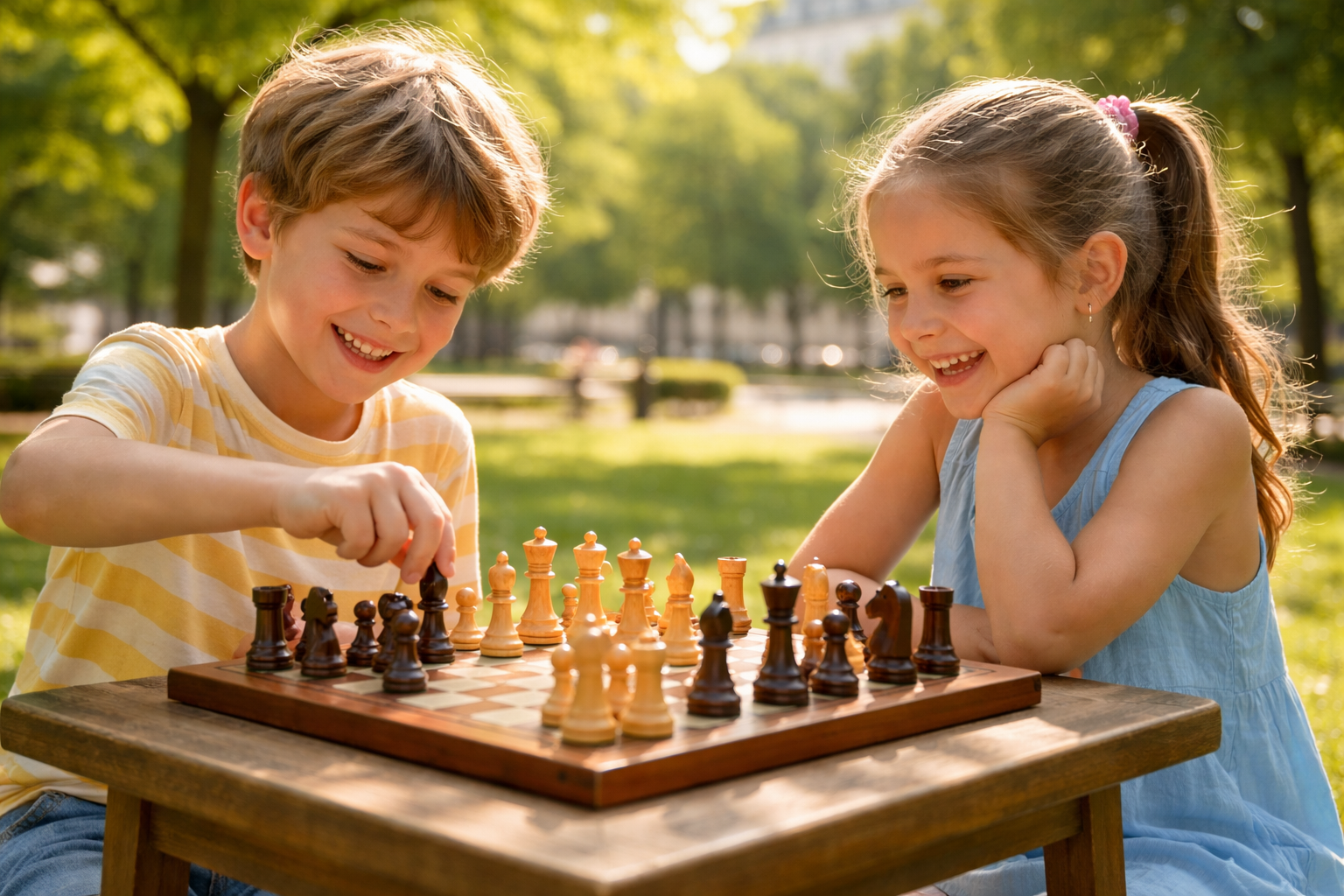 Enfants jouant aux échecs pendant les vacances scolaires dans un parc parisien