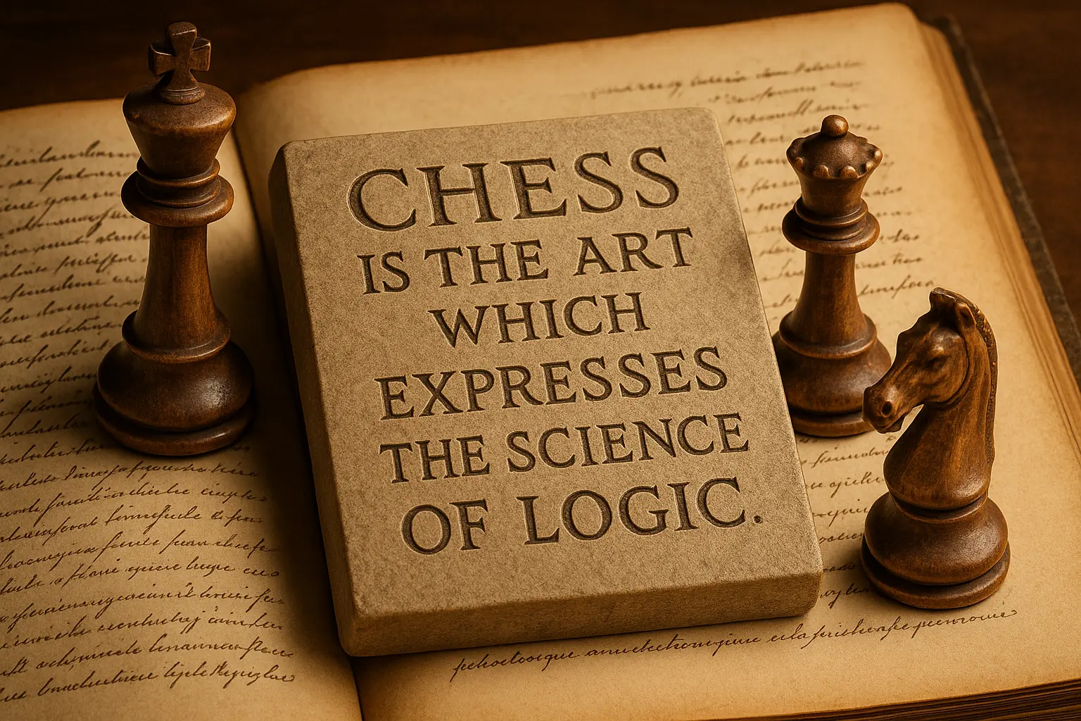 Citations inspirantes d'échecs gravées avec pièces d'échecs et livre de philosophie