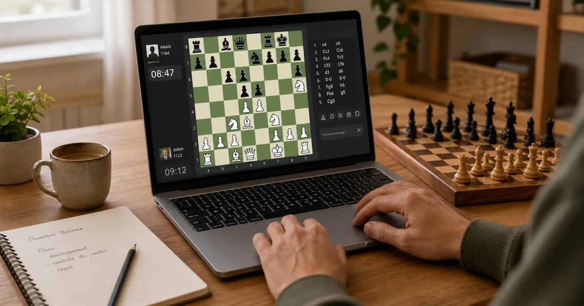 Joueur lançant une partie d'échecs en ligne sur un ordinateur portable, avec un échiquier en bois à côté