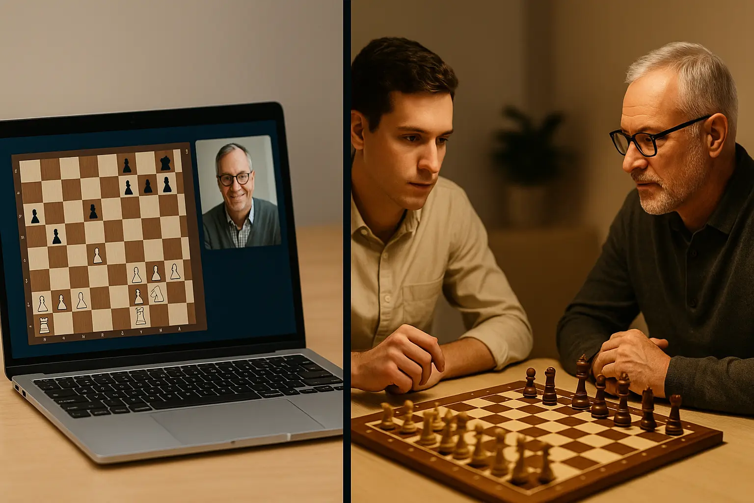 Comparaison cours d'échecs en ligne sur écran et cours présentiel avec échiquier physique