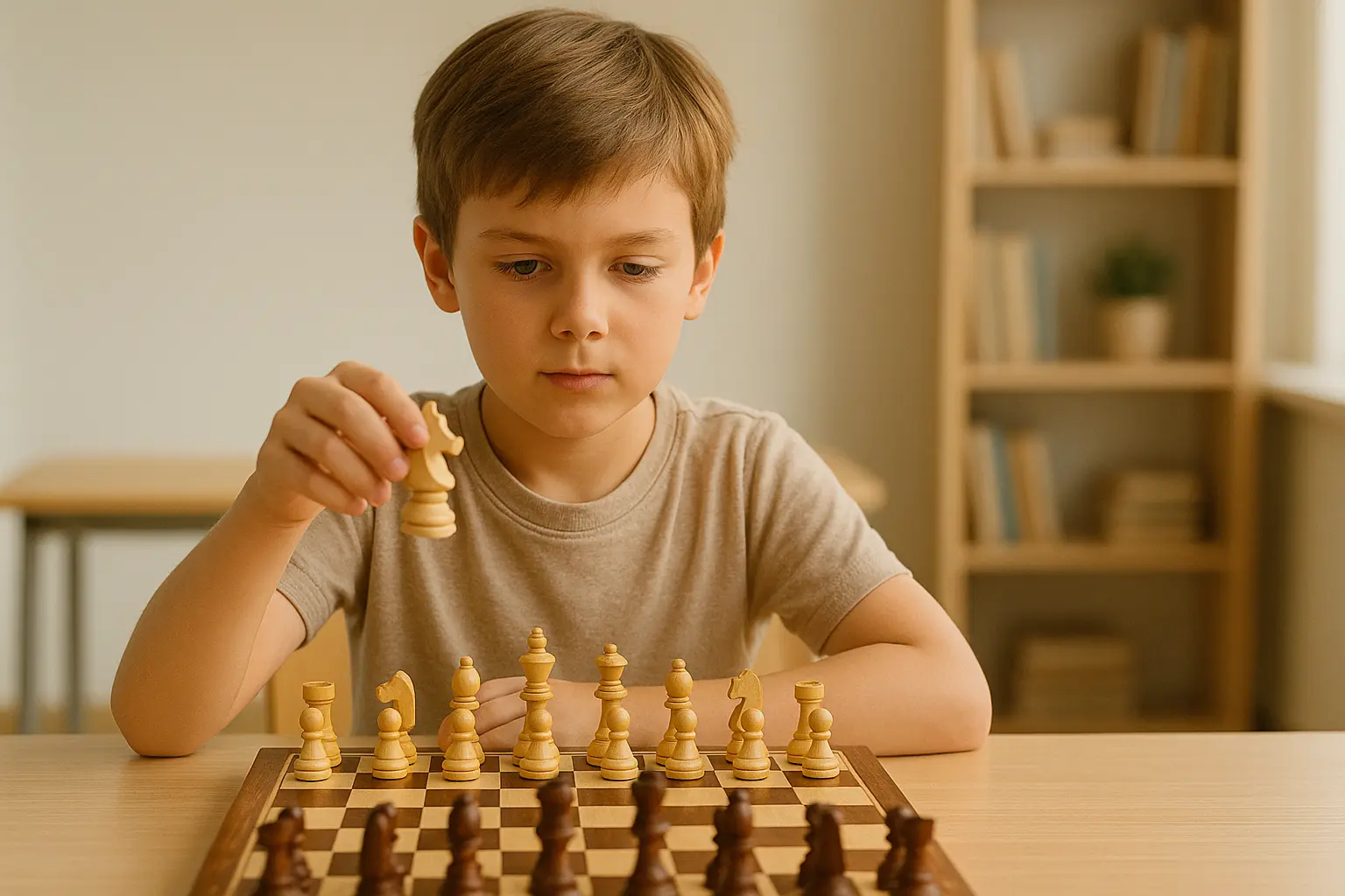Débutant apprenant les échecs avec échiquier et pièces