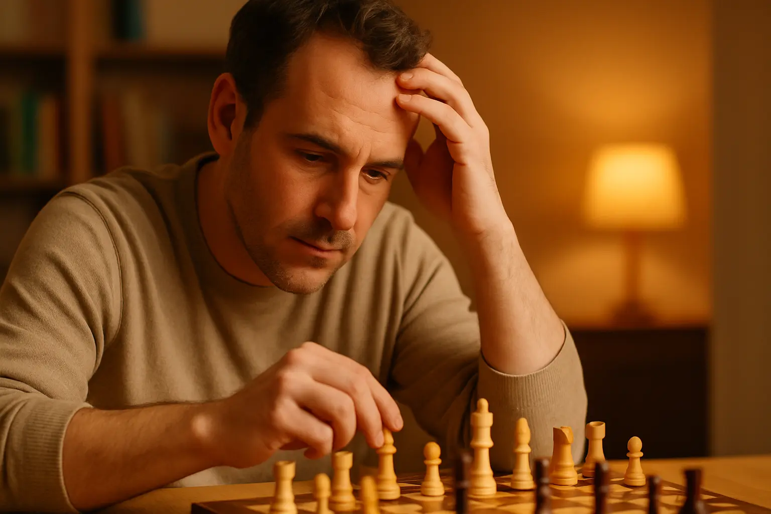 Adulte apprenant les échecs à 40 ans avec professeur