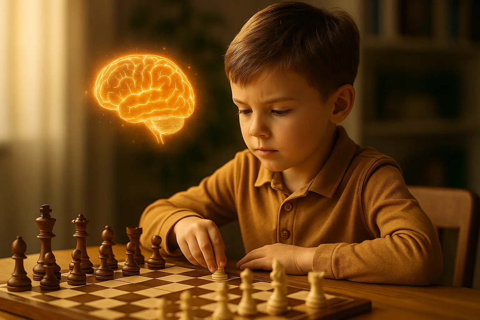 Enfant jouant aux échecs avec représentation symbolique du cerveau et de l'intelligence