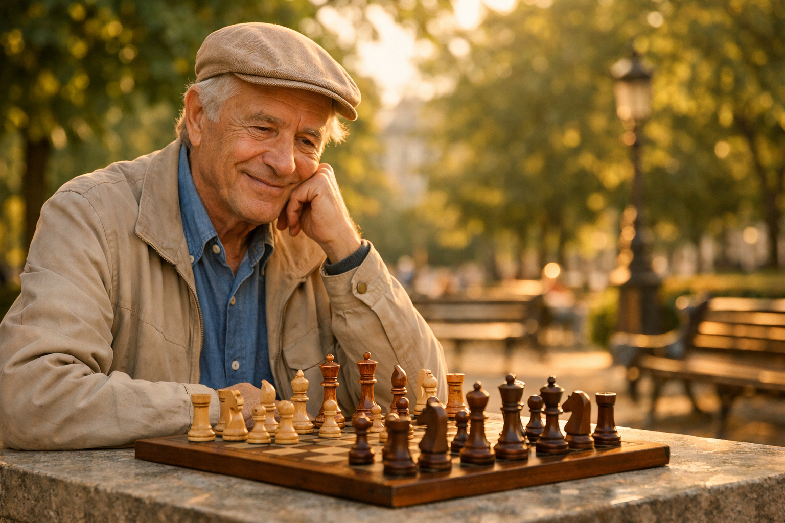 Retraité souriant jouant aux échecs dans un parc ensoleillé avec un échiquier en bois