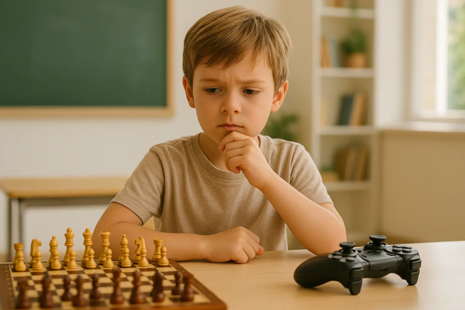 Enfant devant un choix entre échiquier et console de jeux vidéo