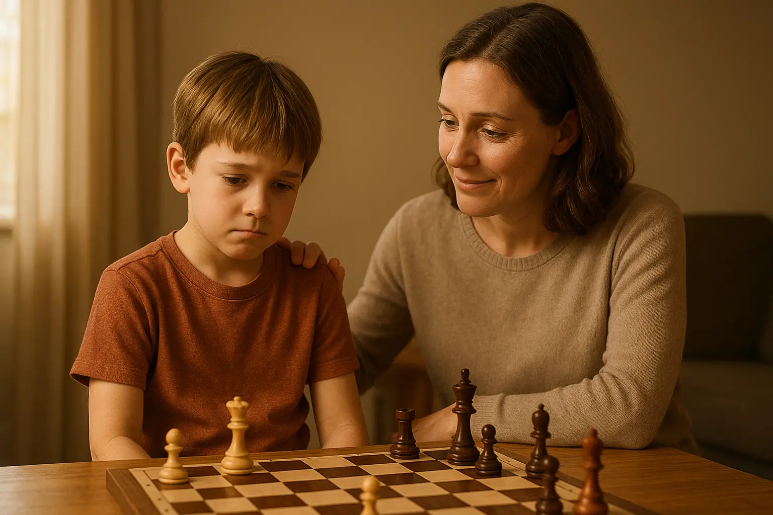 Enfant concentré devant un échiquier après une défaite, parent à côté qui le soutient