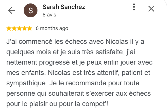 Capture de l'avis Google cinq étoiles de Sarah Sanchez, retranscrit ci-dessus