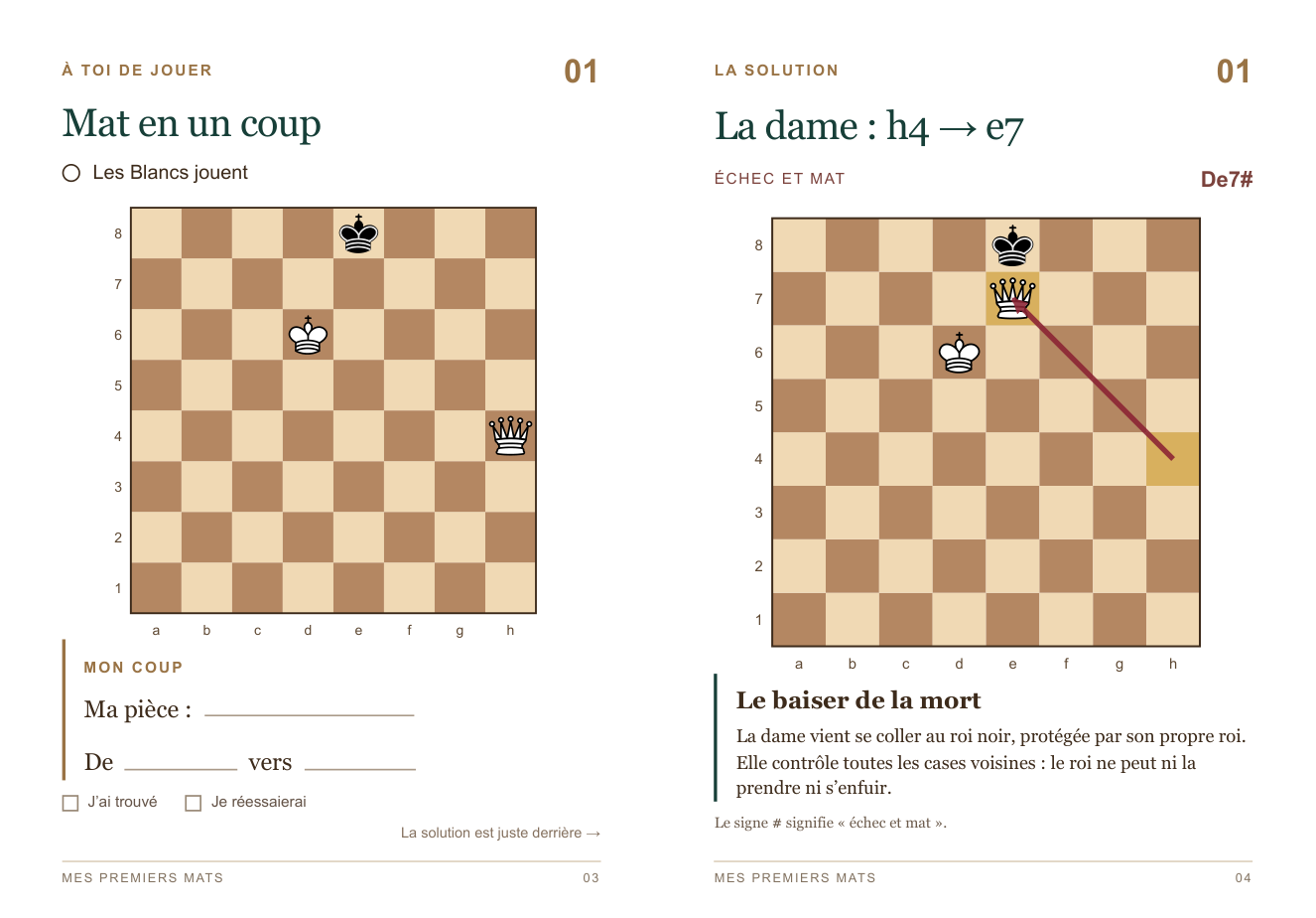 Double page du cahier des mats : l'exercice 01 au recto avec la ligne « Mon coup » à remplir, la solution expliquée au verso